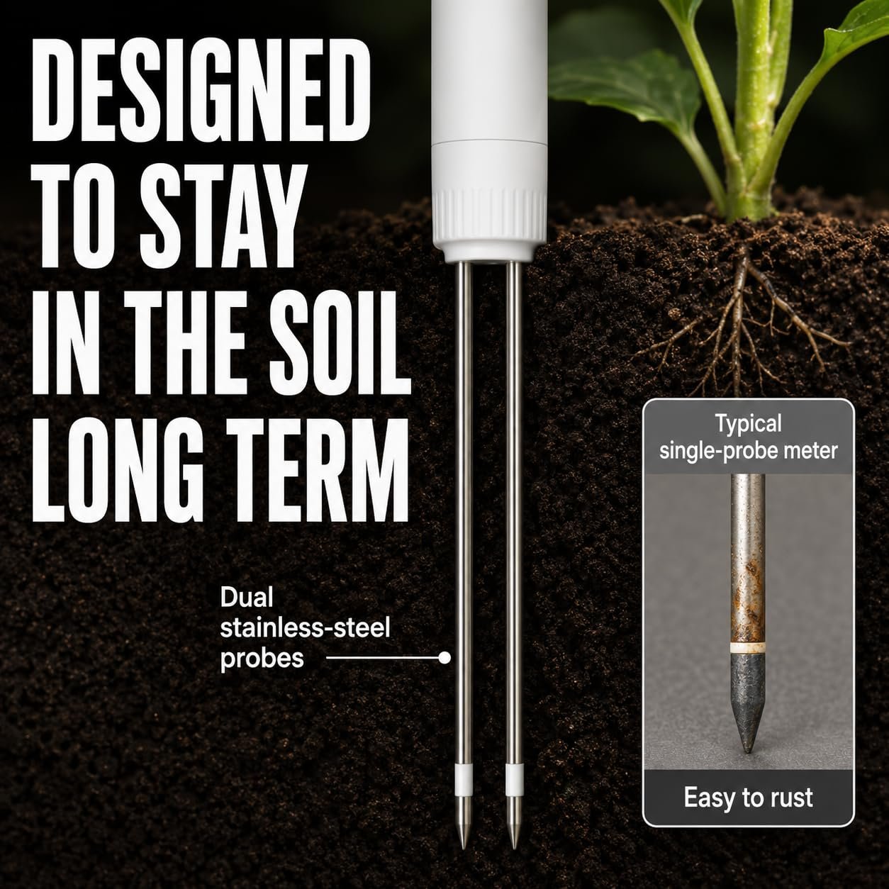 EVO10 long-term in-soil stainless steel probe design