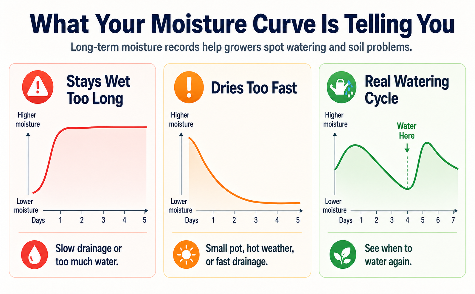 Examples of soil moisture curves showing prolonged wet soil, fast drying, and a repeatable watering cycle