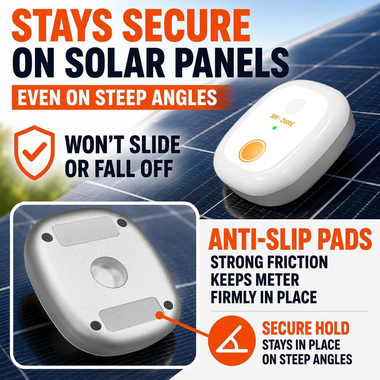 EVO-Solar resting securely on a steep solar panel using anti-slip pads