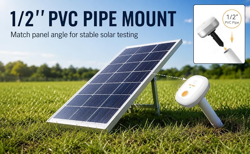 EVO-Solar mounted on a standard half-inch PVC pipe beside an angled solar panel