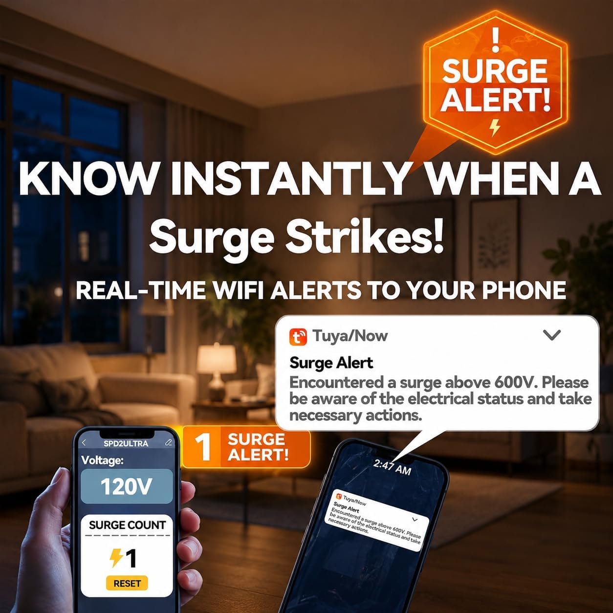 Phone notification showing a surge alert from the smart surge protective device