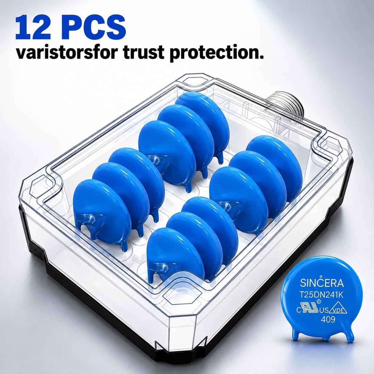 Twelve thermally protected varistors arranged inside the surge protector