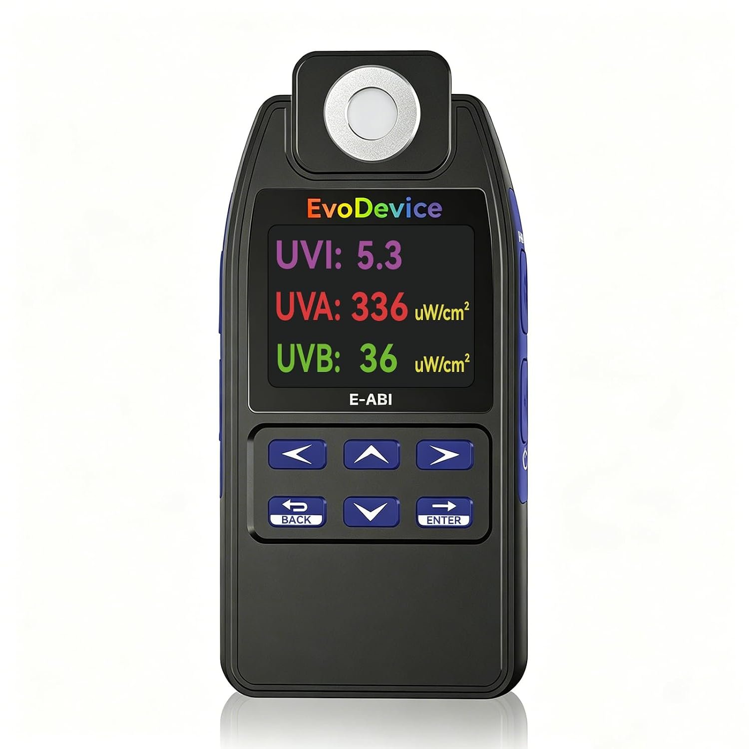 E-ABI reptile UVB meter showing UVI UVA and UVB