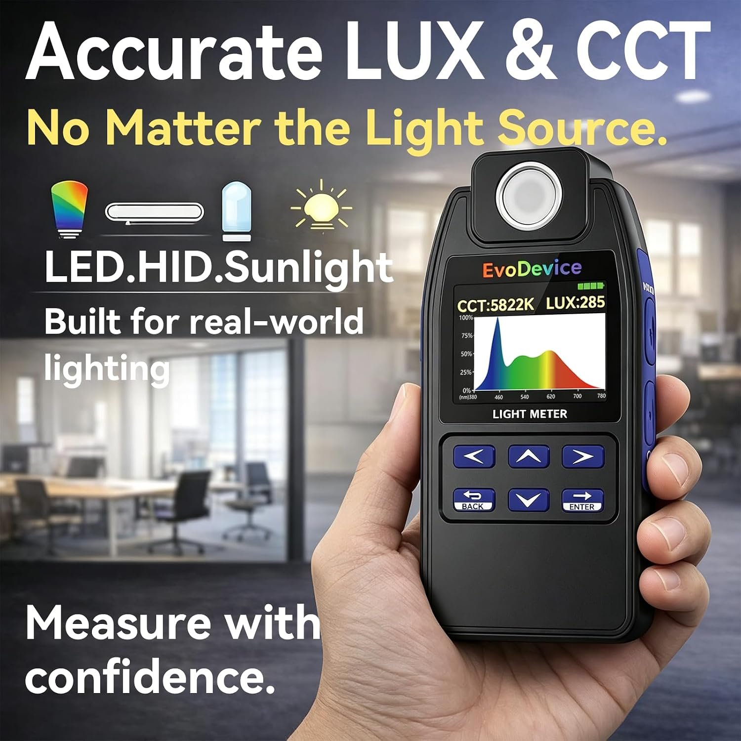 E130 measuring Lux and CCT under real-world lighting