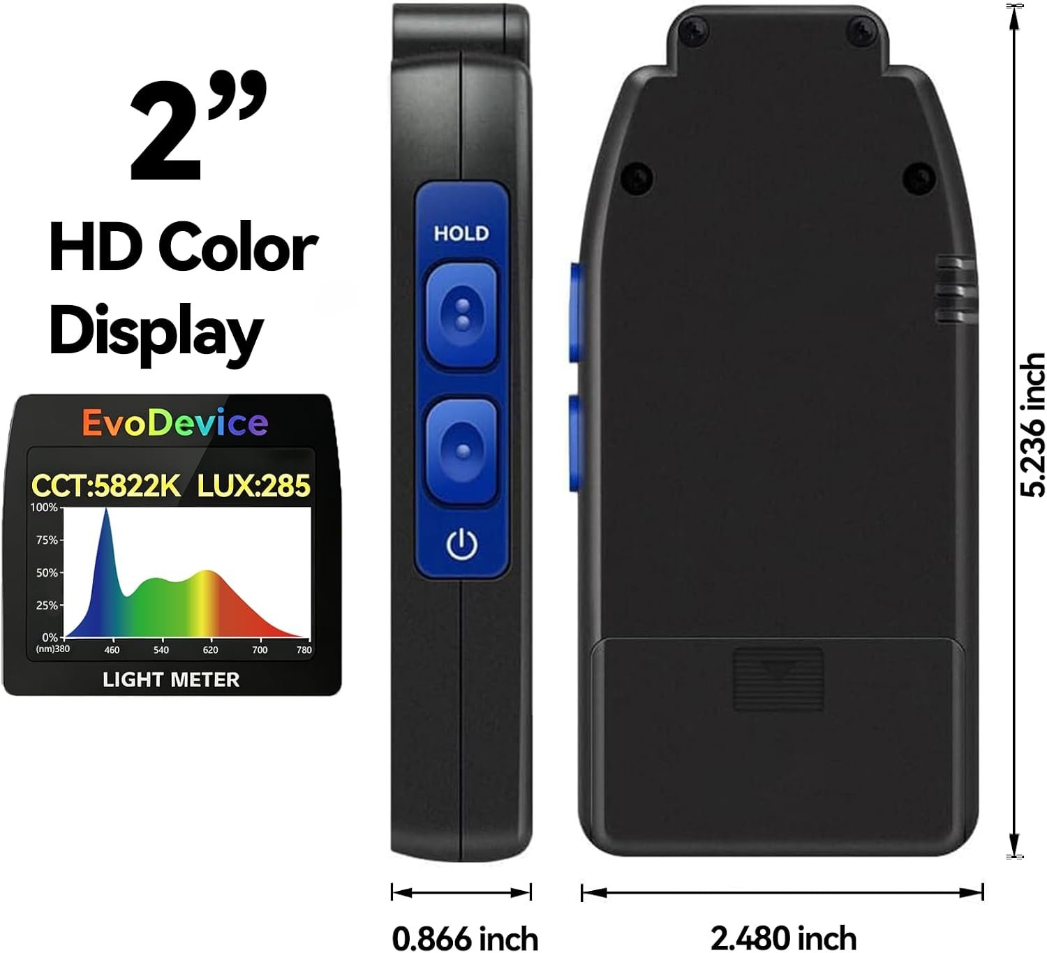 E130 handheld light meter dimensions and 2.99 inch color display