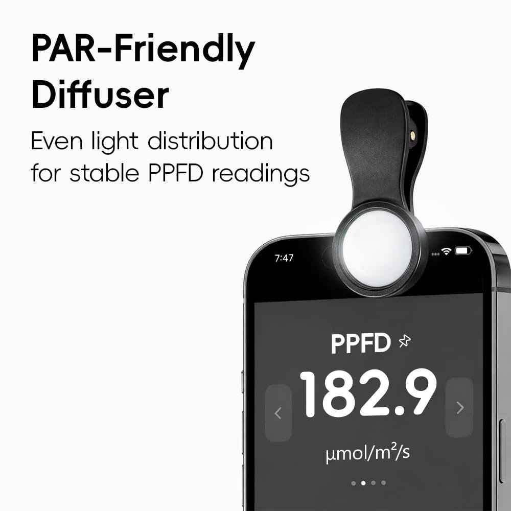 PARCLIP clip-on diffuser used with iPhone for PAR PPFD measurement