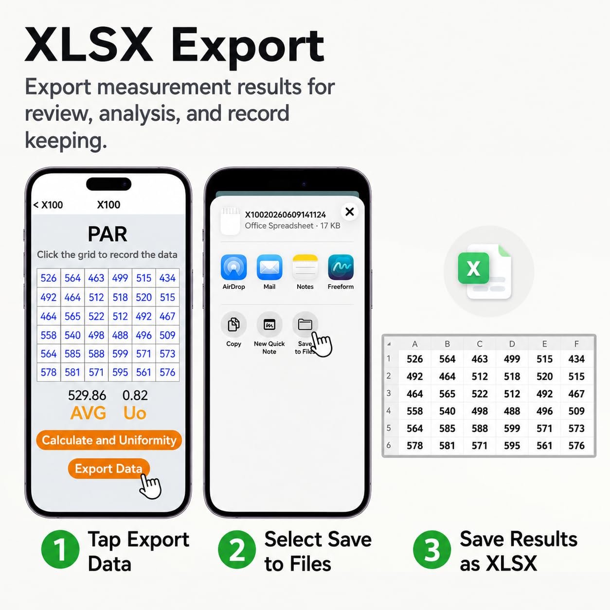 X100 XLSX export workflow from the mobile app to an Excel file